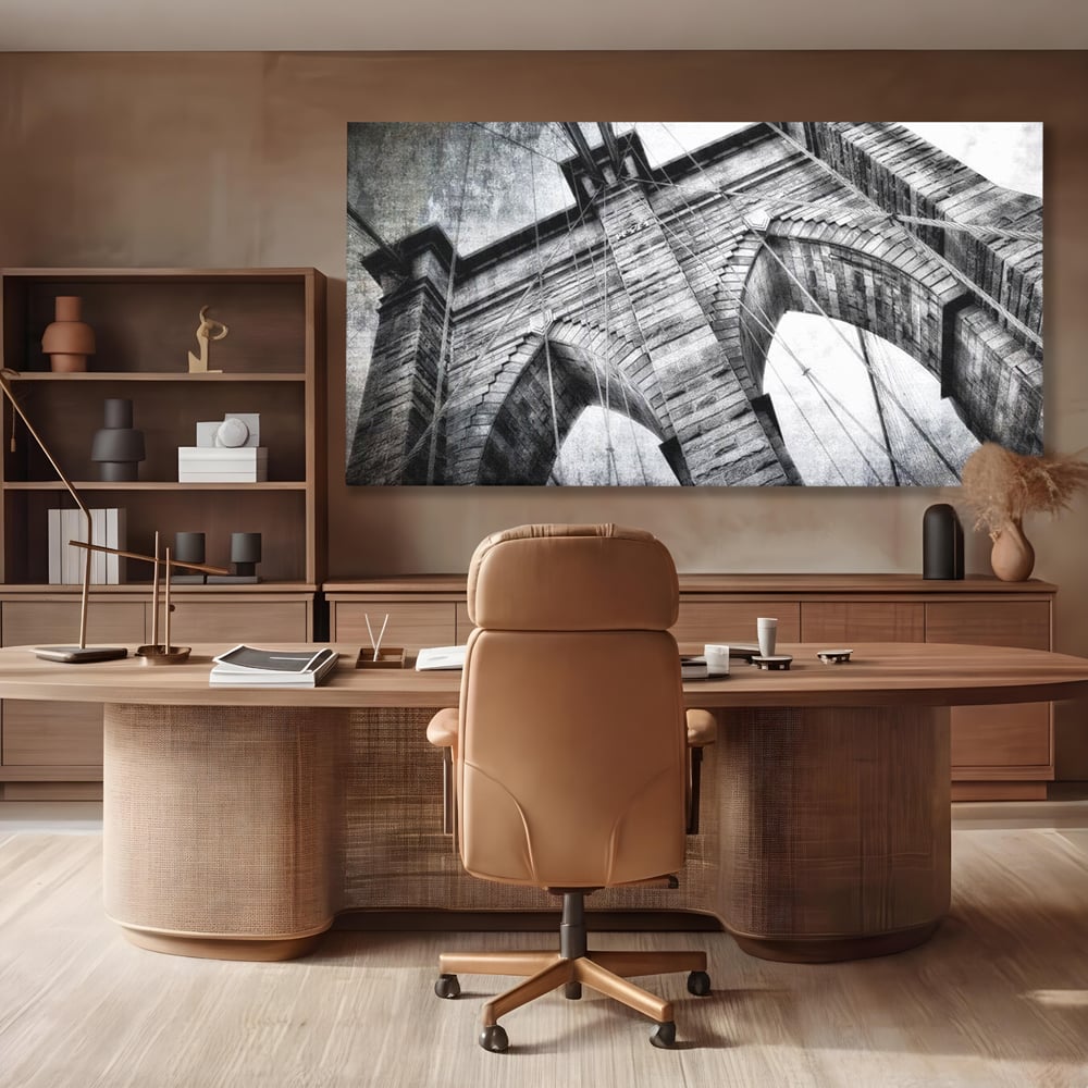 Tablou canvas cu tablou canvas cu podul brooklyn, fara rama, pe sasiu de lemn, pe perete intr-un birou